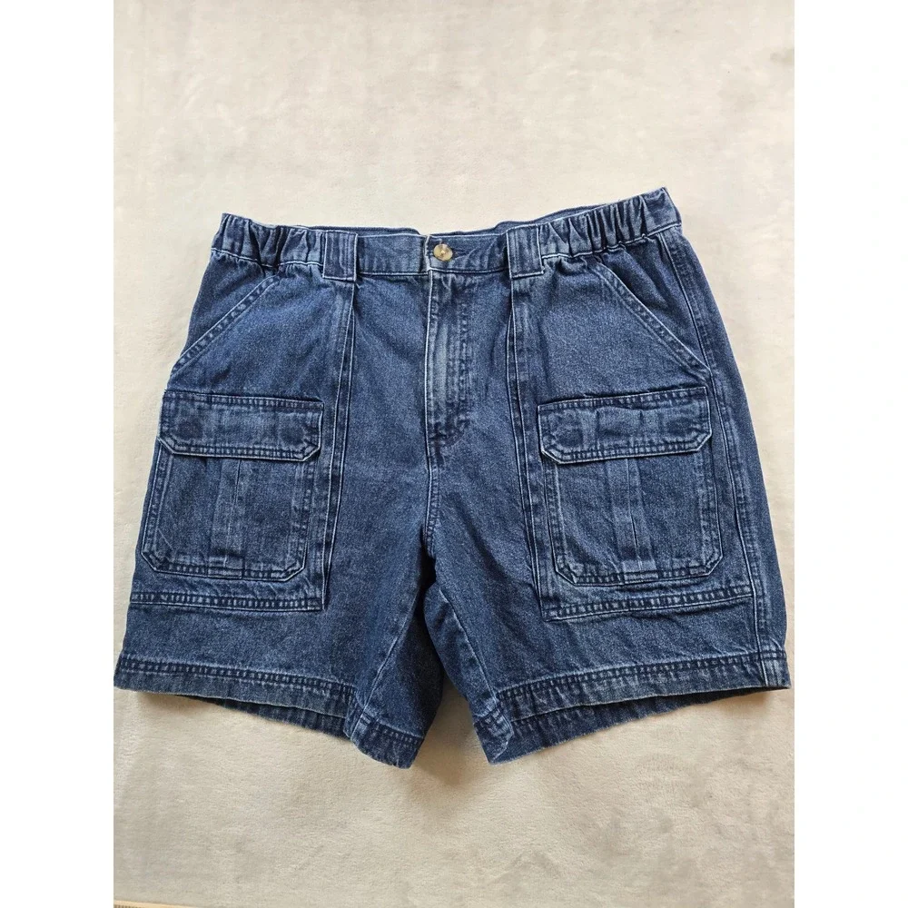 Croft & Barrow Denim Cargo Shorts Mens 36 Blue Jean Cotton Elastic Waist Utility